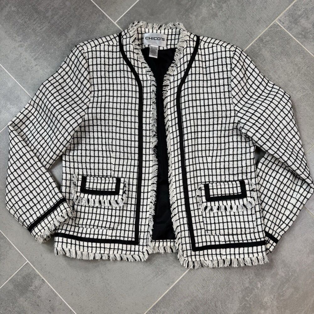 Chicos Open Front Woven Check Jacket Womens 1 S 8 White Black Lined